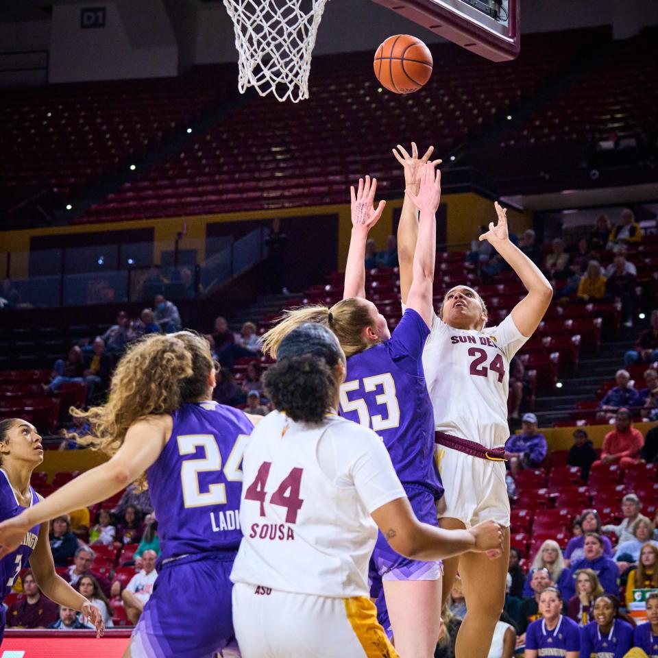 Arizona State Sun Devils center Kayla Mokwuah (24) shoots against the Washington Huskies at Desert Financial Arena on Sunday, Jan. 29, 2023.