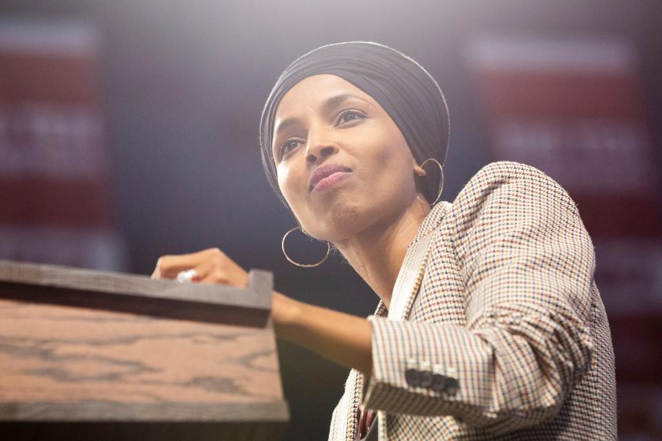 Ilhan Omar introduces Bernie Sanders at a rally in Minneapolis: AP