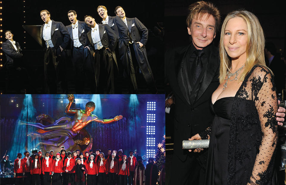 Clockwise from top: Manilow’s new Broadway musical, Harmony, tells the story of the Comedian Harmonists, an ensemble of vocalists from Germany, some of them Jewish, who shot to fame in the 1920s. “I saw her perform at club Bon Soir when she was 19 and I was 18,” says Manilow of pal Barbra Streisand. “She was brilliant.” (“I once told her that story and she couldn’t give a shit,” he adds with a laugh.) and Manilow performed Nov. 29 on NBC’s Christmas in Rockefeller Center special. The network aired his own special, A Very Barry Christmas, on Dec. 11.