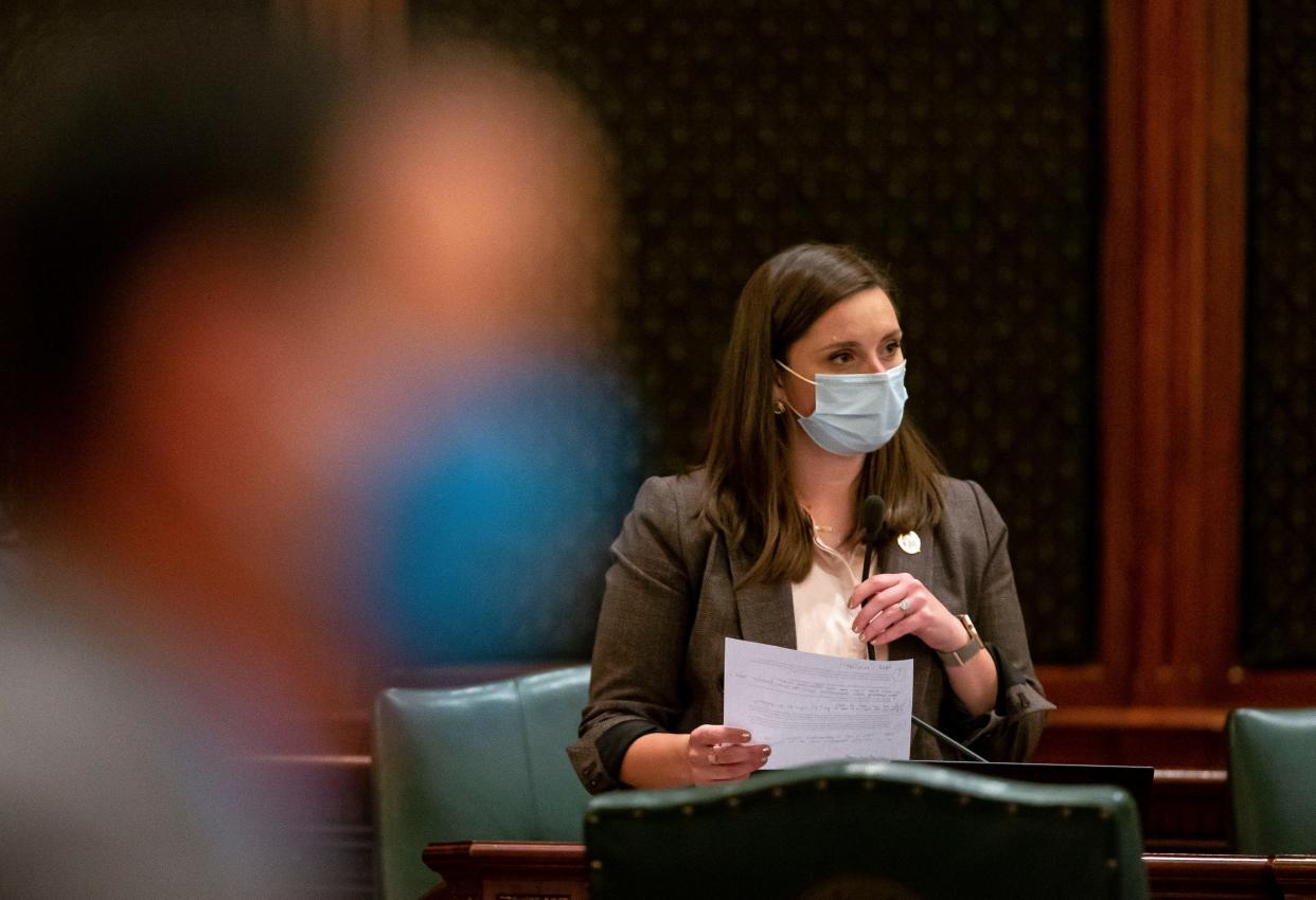 Illinois State Rep. Avery Bourne, R-Morrisonville, questions Illinois State Rep. Lisa Hernandez, D-Cicero, on House Bill 2777, the bill redrawing the legislative districts in Illinois, on the floor of the Illinois House of Representatives at the Illinois State Capitol in Springfield, Ill., Friday, May 28, 2021.