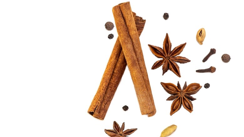 Assorted warming spices on white background