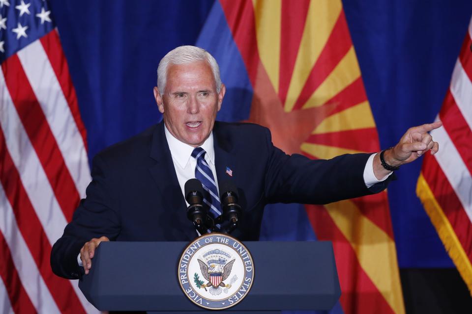 Vice President Mike Pence speaks at the "Latter-Day Saints for Trump" Coalition launch event Tuesday, Aug. 11, 2020, in Mesa, Ariz. (AP Photo/Ross D. Franklin)