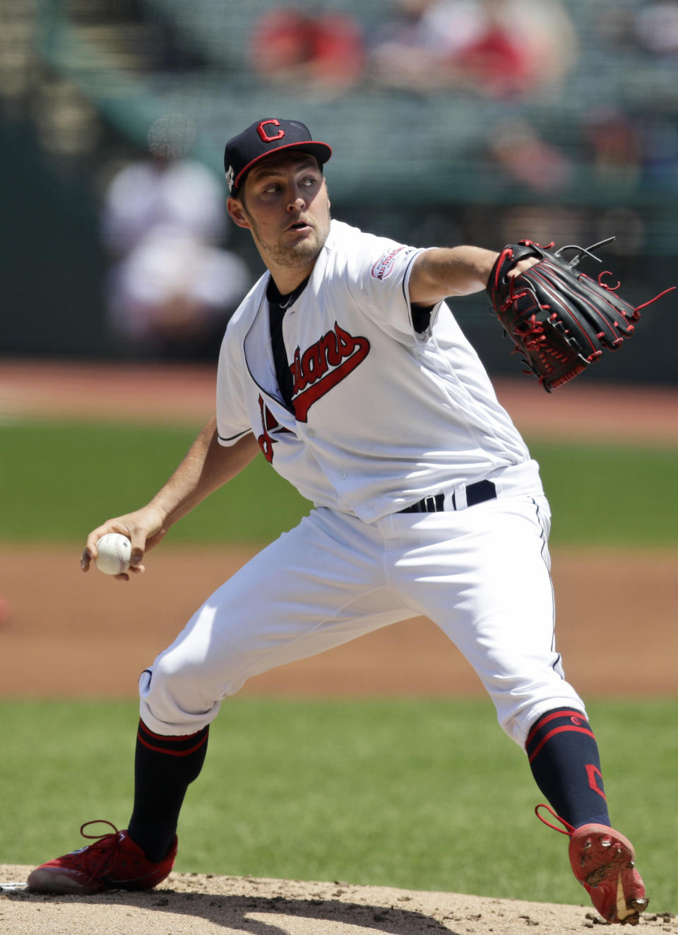 Cleveland Indians starting pitcher Trevor Bauer delivers in the first inning in a baseball game against the Kansas City Royals, Wednesday, June 26, 2019, in Cleveland. (AP Photo/Tony Dejak)