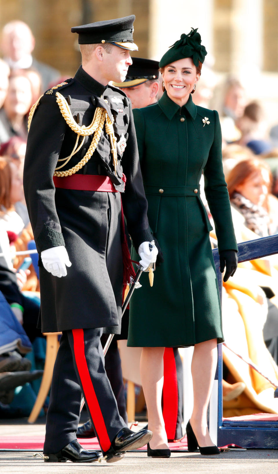 Catherine, Duchess of Cambridge and Prince William, Duke of Cambridge (Colonel of the Irish Guards) attend the 1st Battalion Irish Guards St Patrick's Day Parade at Cavalry Barracks on March 17 in Hounslow, England. (Photo: Max Mumby/Indigo via Getty Images)