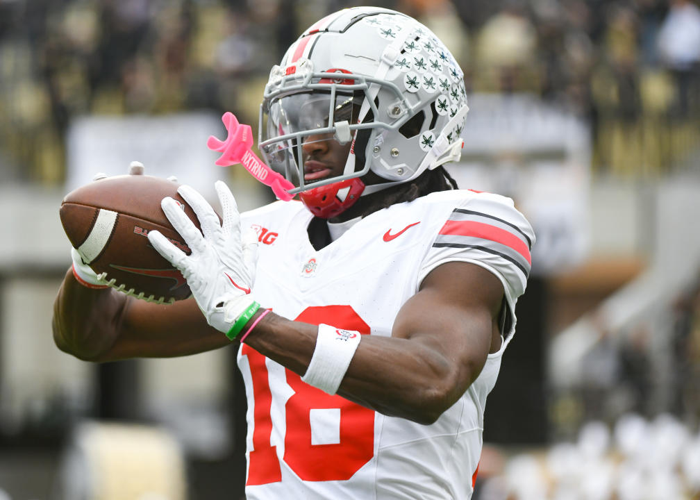 Oct 14, 2023; West Lafayette, Indiana, USA; Ohio State Buckeyes wide receiver Marvin Harrison Jr. (18) catches a pass during warmups prior to the game at Ross-Ade Stadium. Mandatory Credit: Robert Goddin-USA TODAY Sports