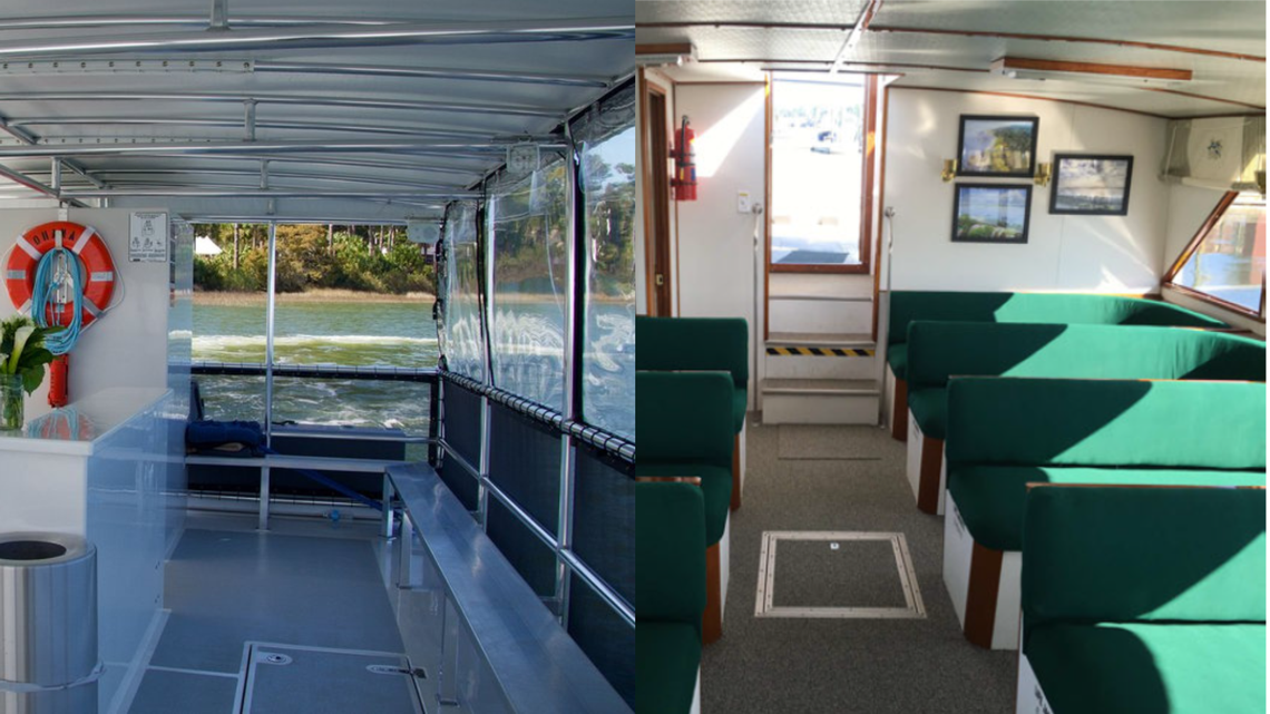 The inside of the temporary catamaran (left), which is currently being used, compared to the inside of the Palmetto Merchant and the Palmetto Trader (right), which Lowcountry Ferry said it would have in it’s proposal. Lowcountry Ferry proposal and Outside Ohana website