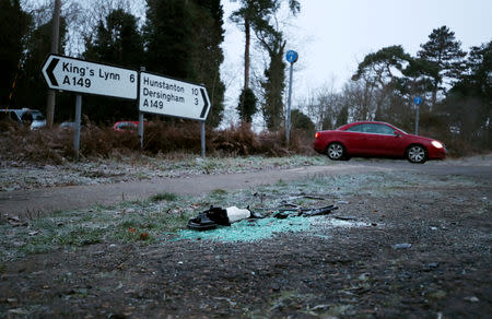 FILE PHOTO: Debris is seen at the scene where Britain's Prince Philip was involved in a traffic accident, near the Sandringham estate in eastern England, Britain, January 18, 2019. REUTERS/Chris Radburn/File Photo