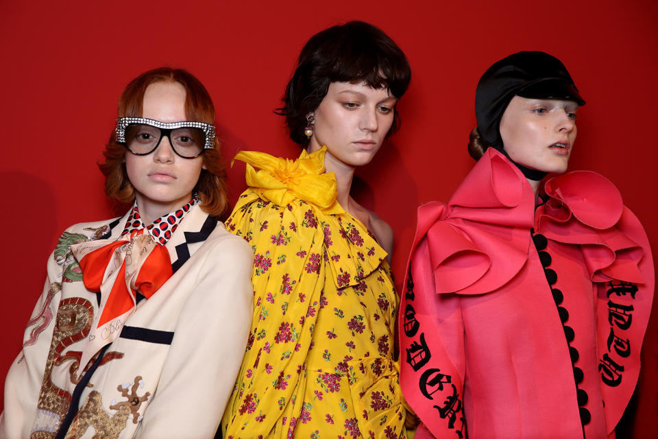 Backstage models of Gucci's Spring 2017 fashion show, creative director, catwalk, Alessandro Michele