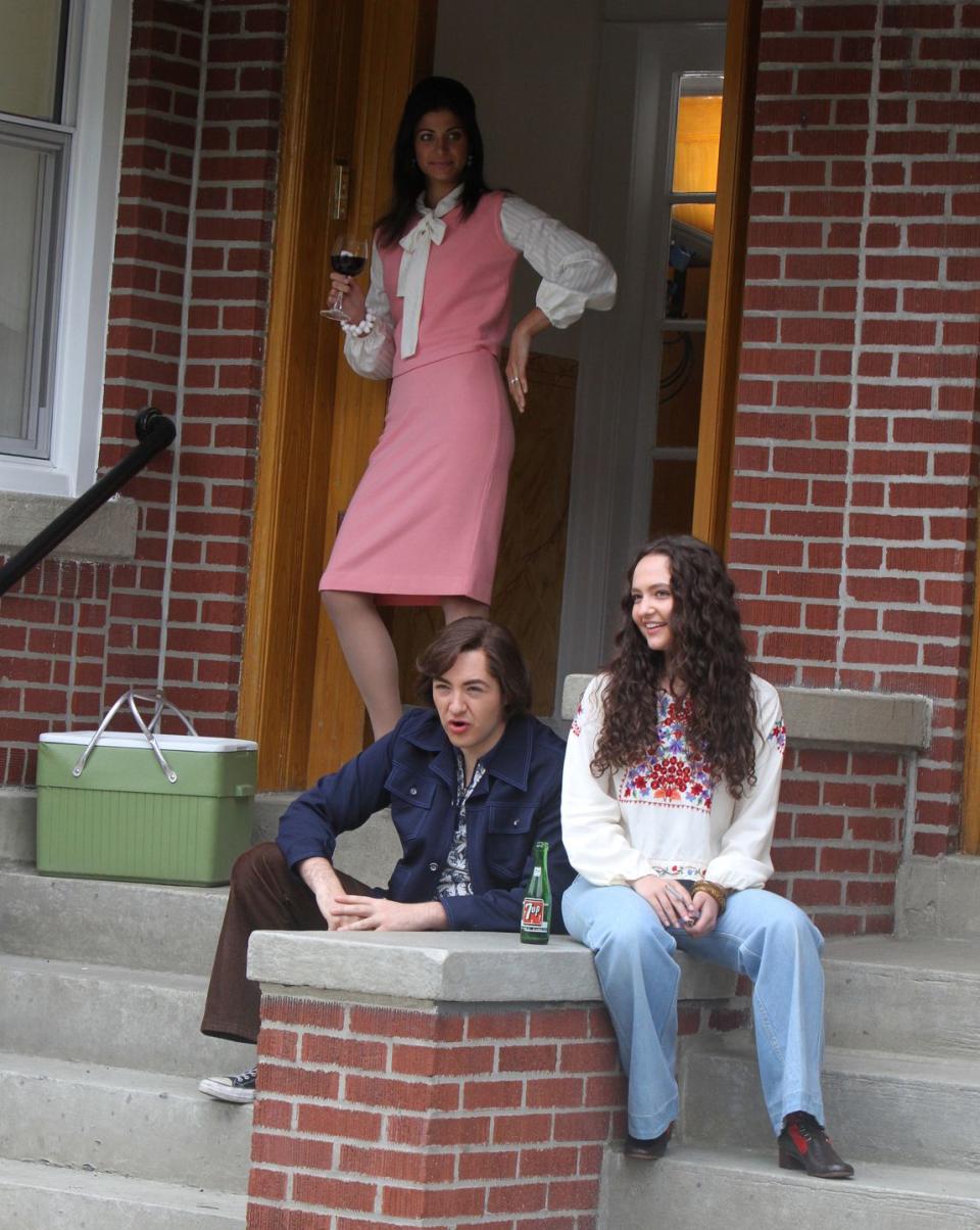 <p>Gabriella Piazza, Michael Gandolfini and Alexandra Intrator are seen on the set of The Many Saints of Newark on May 31, 2019 in New York City.</p>