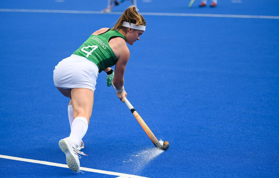 <p>Sarah Torrans of Ireland warms-up before the women's pool A group stage match between Ireland and Netherlands at the Oi Hockey Stadium during the 2020 Tokyo Summer Olympic Games in Tokyo, Japan. (Photo By Stephen McCarthy/Sportsfile via Getty Images)</p> 