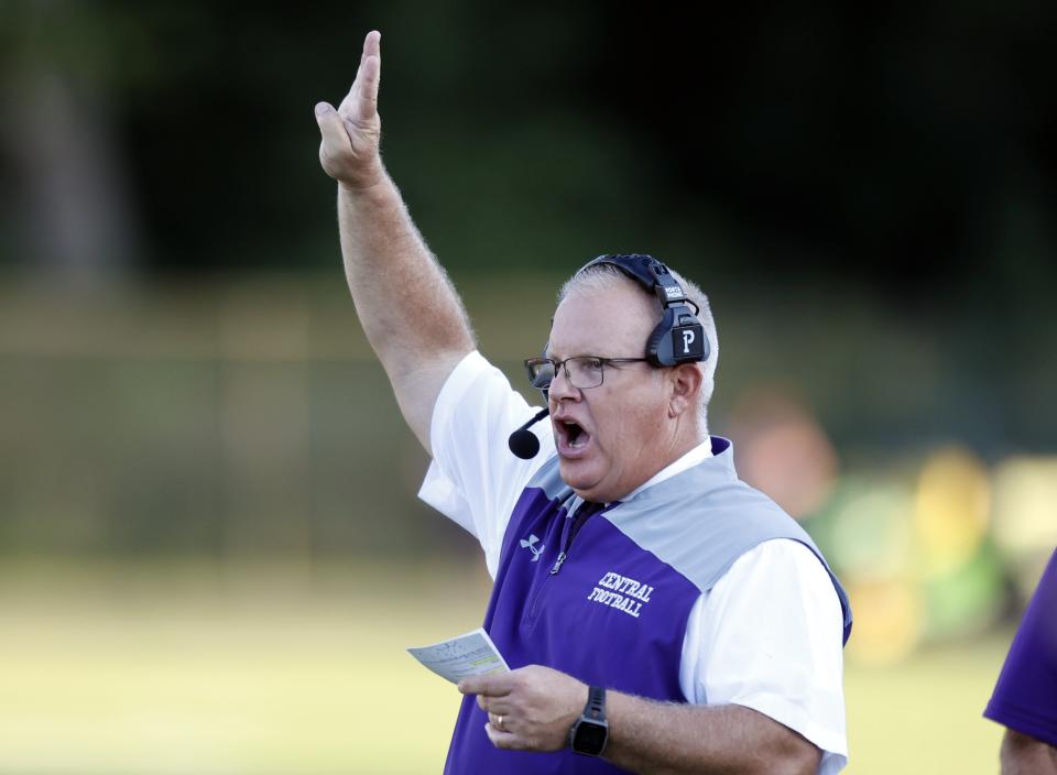 Pickerington Central coach Jay Sharrett directs his team during a 42-0 win over visiting Olentangy Liberty on Aug. 19.