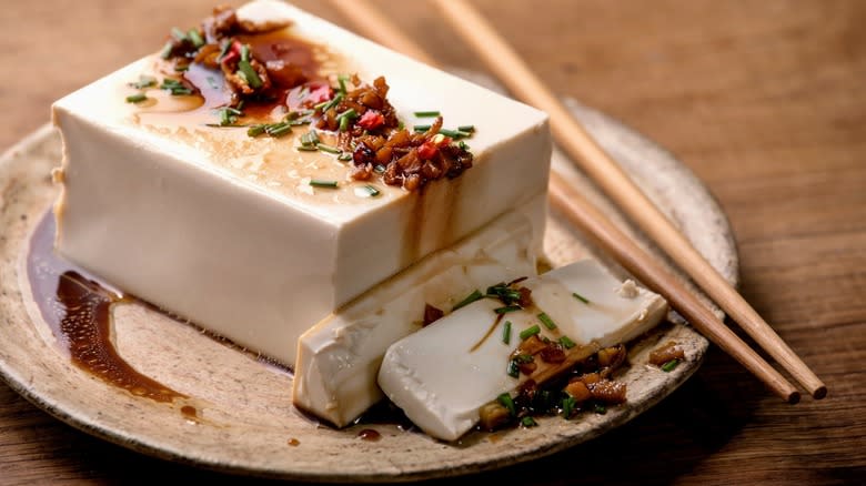 Dressed block of silken tofu