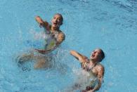 2016 Rio Olympics - Synchronised Swimming - Preliminary - Duets Technical Routine - Maria Lenk Aquatics Centre - Rio de Janeiro, Brazil - 15/08/2016. Katie Clark (GBR) of Britain and Olivia Federici (GBR) of Britain compete. REUTERS/Athit