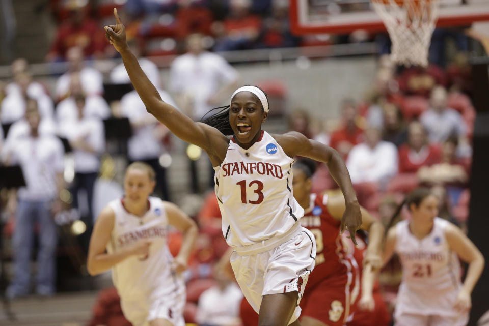 FILE - In this March 22, 2014 file photo, Stanford's Chiney Ogwumike (13) celebrates after scoring in the first half of a first-round game in the NCAA women's college basketball tournament against South Dakota in Ames, Iowa. Ogwumike was selected to The Associated Press women's basketball All-America team, released Tuesday, April 1, 2014. (AP Photo/Nati Harnik, File)