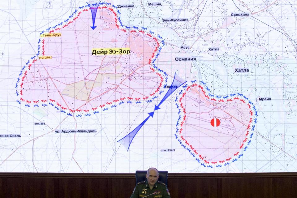 Russian Lt. Gen. Sergei Rudskoi of the military's General Staff speaks at a briefing in the Russian Defense Ministry in Moscow, Russia, Wednesday, Jan. 18, 2017. The Russian military says it has teamed up with Turkey to conduct joint air strikes against the Islamic State group's stronghold in northern Syria. (AP Photo/Ivan Sekretarev)