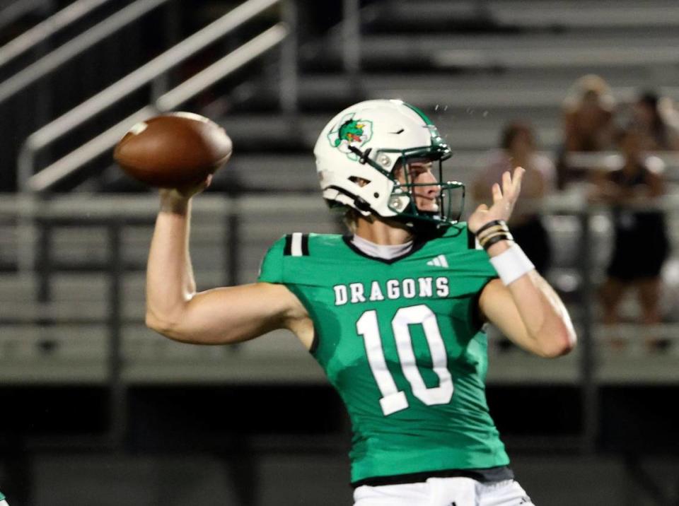 Carroll quarterback Graham Knowles (10) throws a touchdown pass down field in the first half of an UIL football game at Dragon Stadium in Southlake, Texas, Friday Aug. 25, 2023. Southlake led Eastwood 42-14 at the half. (Special to the Star-Telegram Bob Booth)