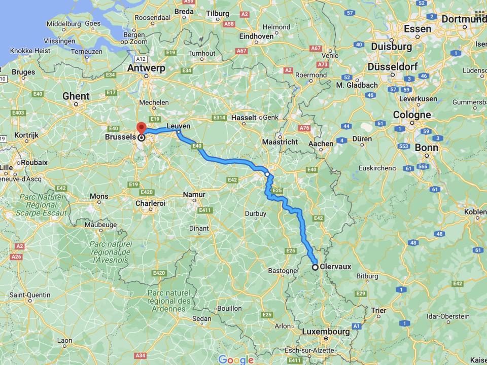 A map of Mikhaila Friel's train journey from Clervaux, Luxembourg, to Brussels, Belgium.