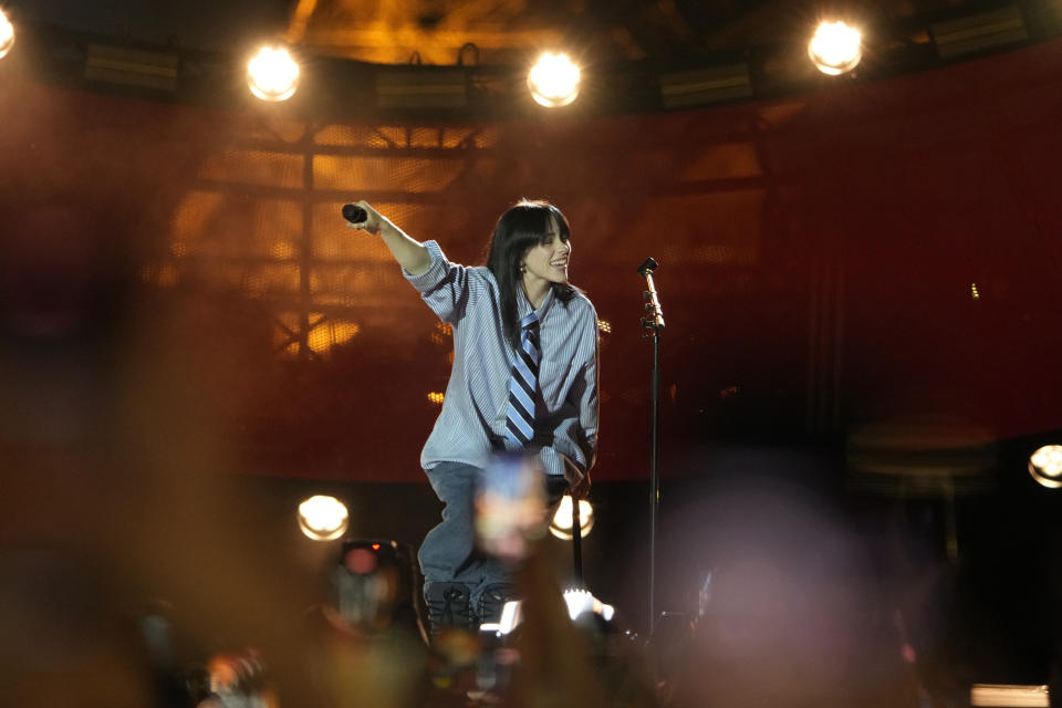 File - Billie Eilish performs during the Power Our Planet concert in Paris on June 22, 2023. Universal Music Group, which represents artists including Taylor Swift, Drake, Adele, Bad Bunny and Eilish, says that it will no longer allow its music on TikTok now that a licensing deal between the two parties has expired. (AP Photo/Lewis Joly, File)