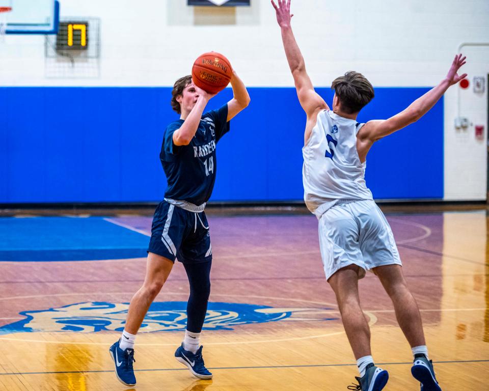 Somerset Berkley's Brendan McDonald hits the deep three for the Raiders.