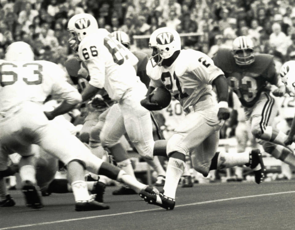 Oct 12, 1974; Columbus, OH, USA; FILE PHOTO; Wisconsin Badgers running back Rufus Ferguson (21) in action against the Ohio State Buckeyes at Ohio Stadium. The Buckeyes beat the Badgers 52-7. Mandatory Credit: Malcolm Emmons-USA TODAY Sports