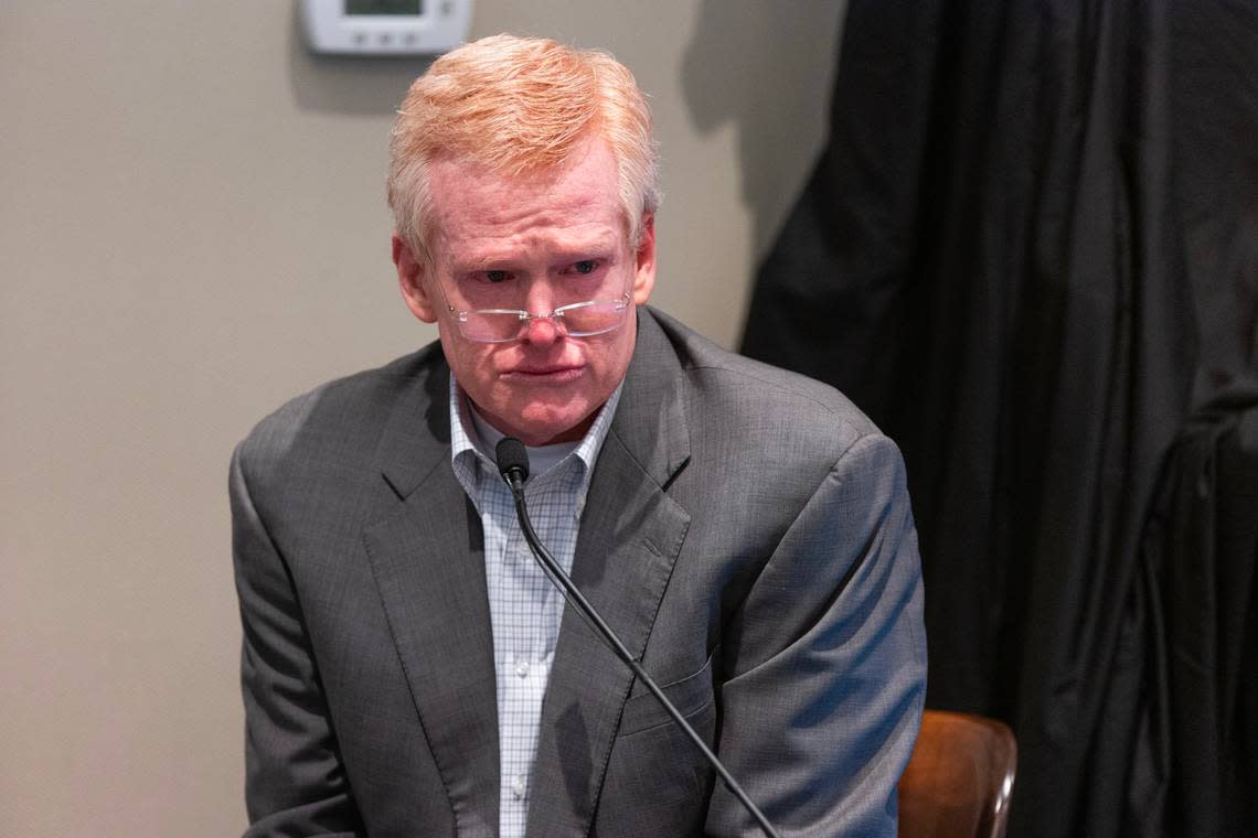 Alex Murdaugh is cross examined by prosecutor Creighton Waters after taking the stand in his trial for murder at the Colleton County Courthouse on Friday, Feb. 24, 2023. Joshua Boucher/The State/Pool