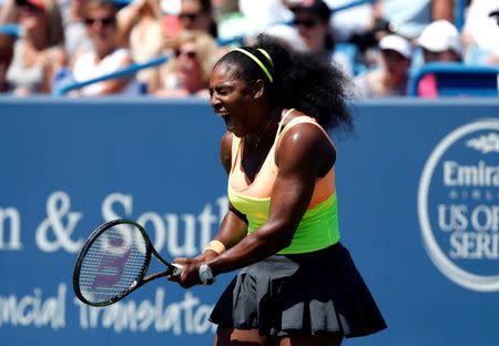 Aug 21, 2015; Cincinnati, OH, USA; Serena Williams (USA) reacts against Ana Ivanovic (not pictured) in the quarterfinals during the Western and Southern Open tennis tournament at the Linder Family Tennis Center. Mandatory Credit: Aaron Doster-USA TODAY Sports