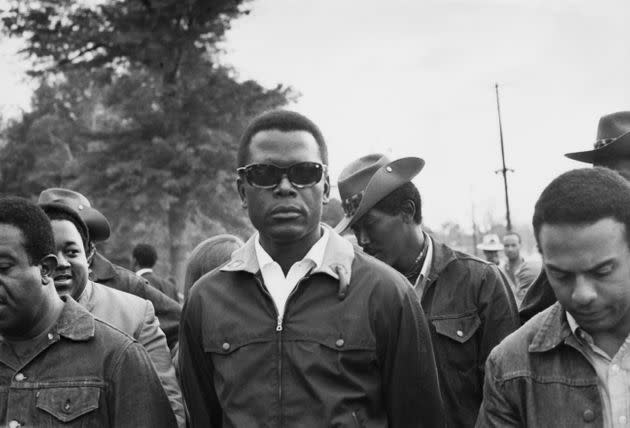 Poitier supporting the Poor People's Campaign at Resurrection City, a shantytown set up by protestors in Washington, D.C., in 1968. The Poor People's Campaign sought economic justice for America's poor and was organized by by Martin Luther King, Jr. and the Southern Christian Leadership Conference. (Photo: Chester Sheard via Getty Images)