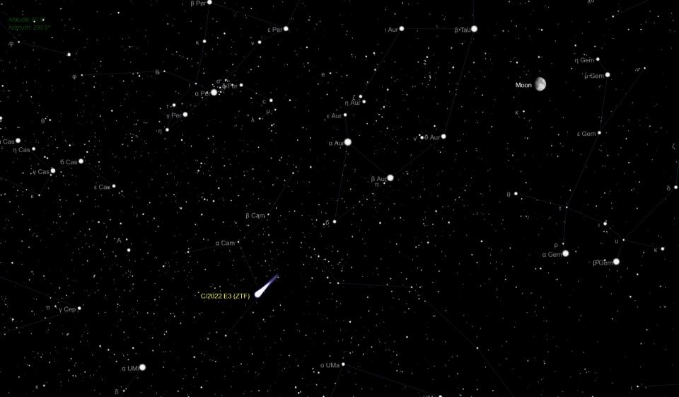 An illustration of the night sky on Wednesday (Feb. 1) showing the location of comet C/2022 E3 (ZTF) as viewed from New York City, facing north at 6:45 p.m. EST (2345 GMT).