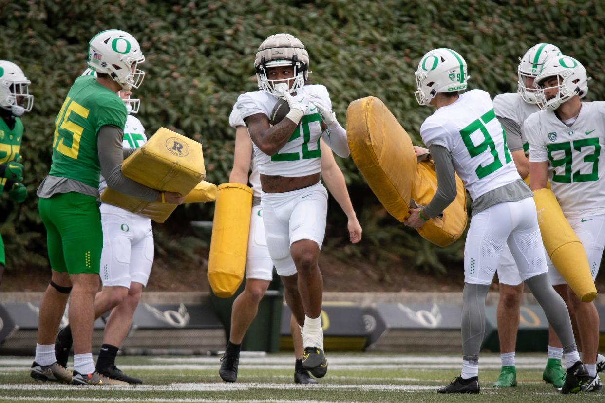 Oregon running back Jordan James works out during practice with the Oregon Ducks April 6 at the Hatfield-Dowlin Complex in Eugene.