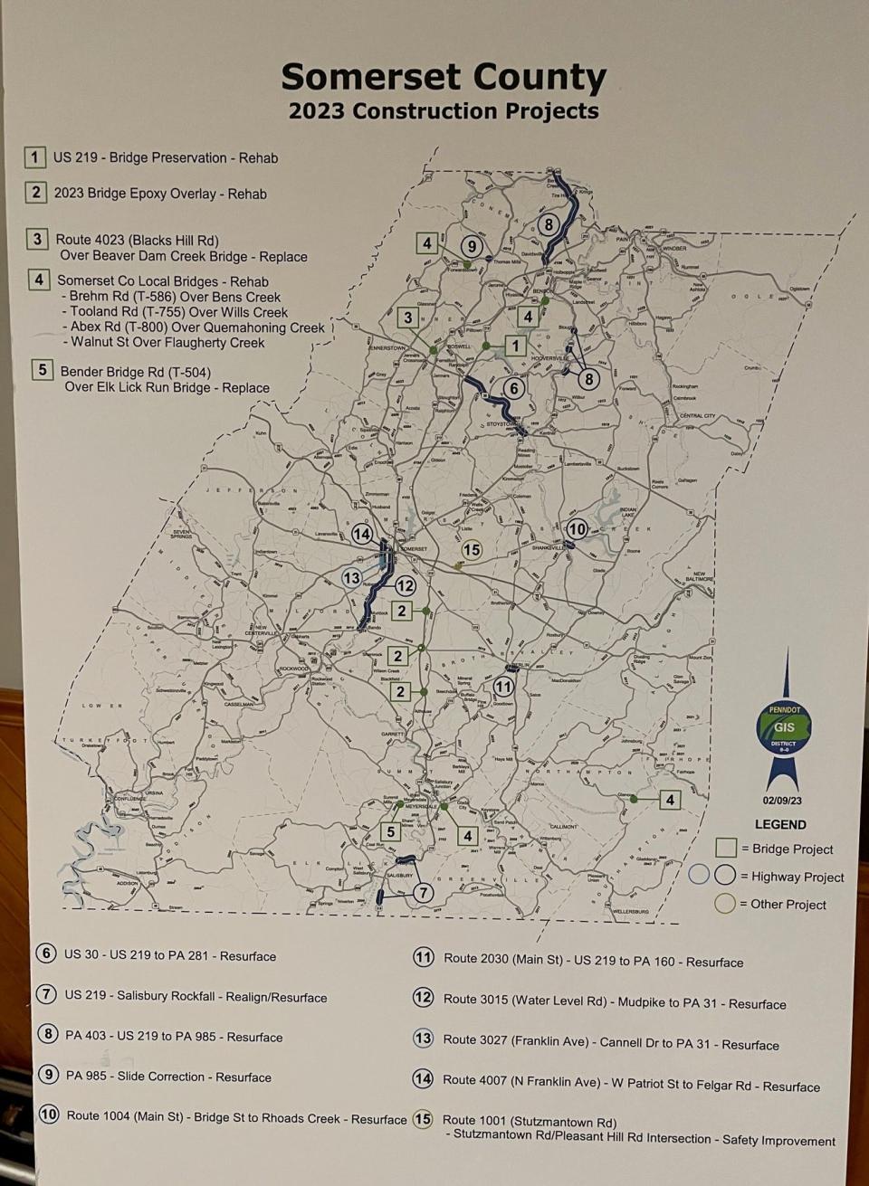 This poster produced by PennDOT District 9 shows where construction projects are taking place in the county this year.