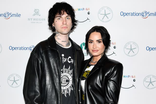 <p>Alex Goodlett/Getty</p> Jutes and Demi Lovato attend Operation Smile's 11th annual Celebrity Ski & Smile Challenge presented by Alphapals, Barefoot Dreams and the St. Regis Deer Valley on April 01, 2023