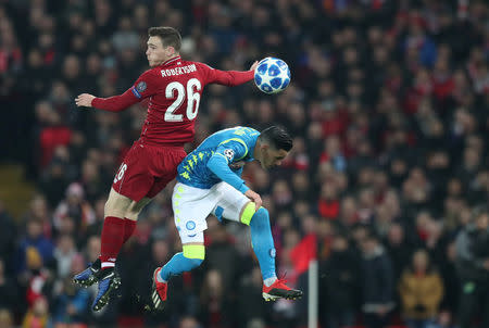 Soccer Football - Champions League - Group Stage - Group C - Liverpool v Napoli - Anfield, Liverpool, Britain - December 11, 2018 Liverpool's Andrew Robertson in action with Napoli's Jose Callejon REUTERS/Jon Super