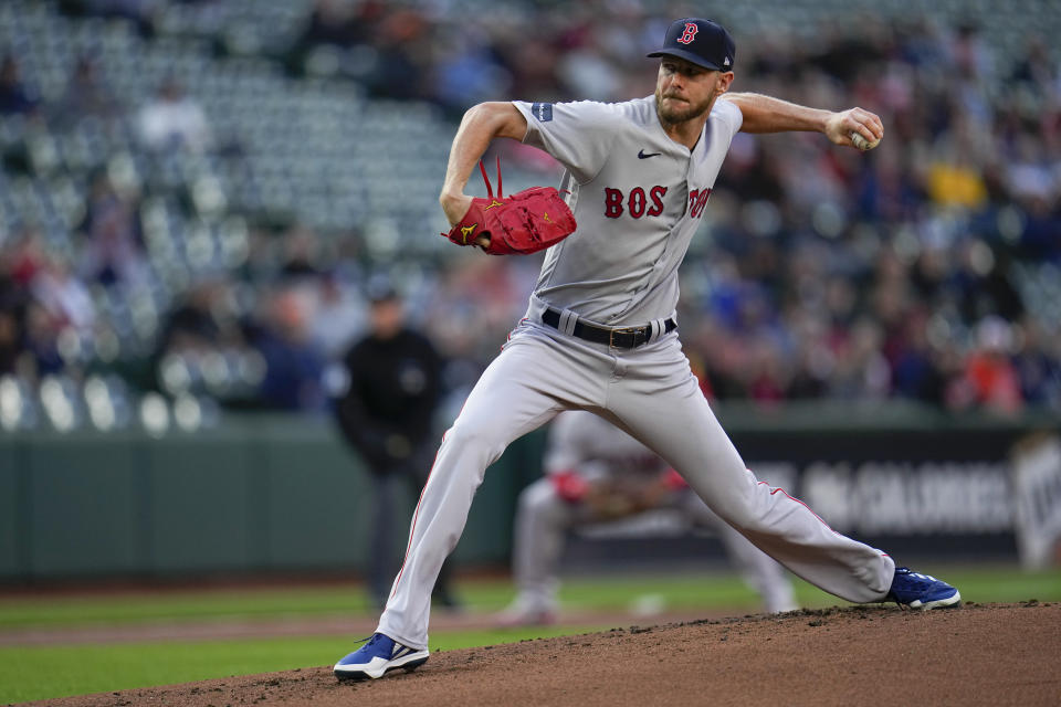 Boston Red Sox starting pitcher Chris Sale throws a pitch to the against the Baltimore Orioles during the first inning of a baseball game, Monday, April 24, 2023, in Baltimore, Md. (AP Photo/Julio Cortez)