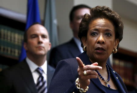 U.S. Attorney General Loretta Lynch points during a news conference at the U.S. Attorney's Office of the Eastern District of New York in the Brooklyn borough of New York May 27, 2015. REUTERS/Shannon Stapleton