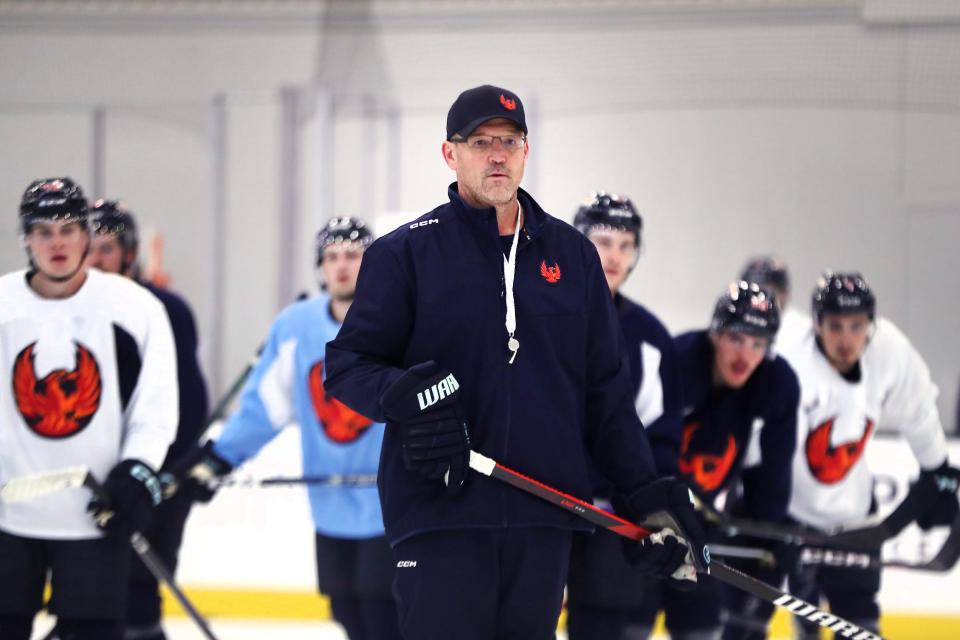 Coachella Valley Firebirds head coach Dan Bylsma during training camp in Palm Desert, Calif., on Monday, Oct. 2, 2023.