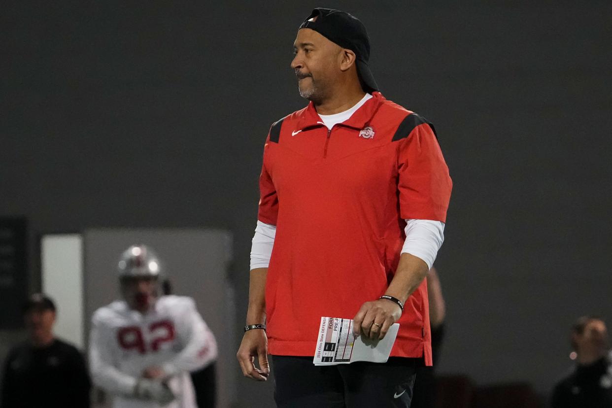 Mar 7, 2024; Columbus, OH, USA; Ohio State Buckeyes secondary/cornerbacks coach Tim Walton watches spring football practice at the Woody Hayes Athletic Center.