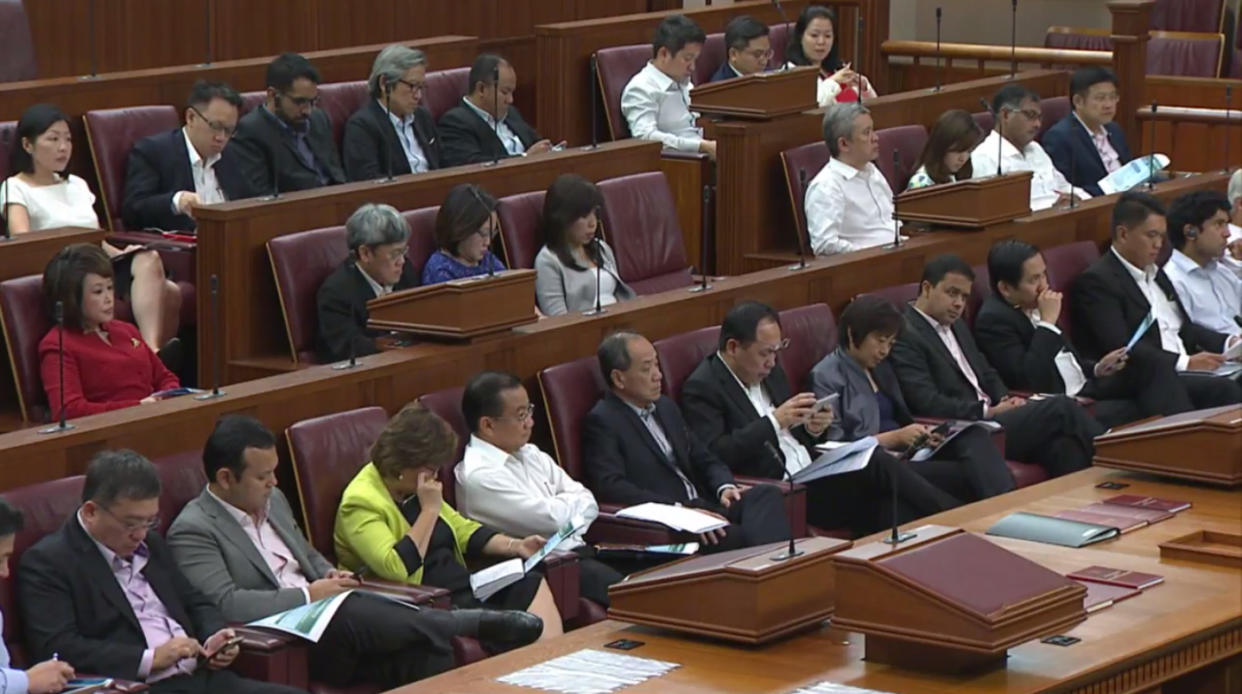 Singapore Members of Parliament in Parliament House on 20 February 2017 during Finance Minister Heng Swee Keat's Budget speech. (Photo: Screenshot from livestream of Budget speech on Channel NewsAsia website)