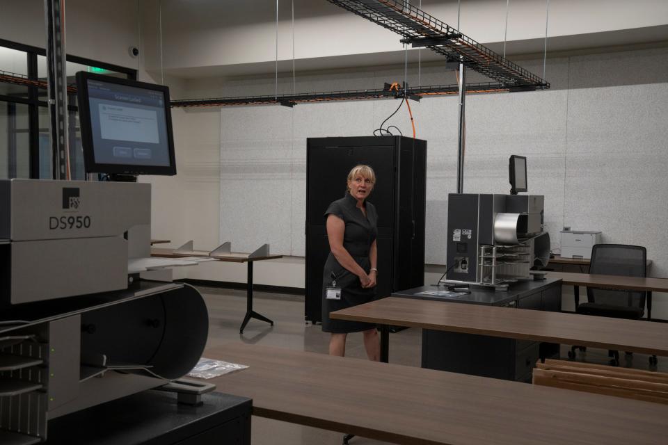 Pinal County Recorder Dana Lewis in the tabulation room during a media tour in the Pinal Votes building June 10, 2024, in Florence, Arizona.