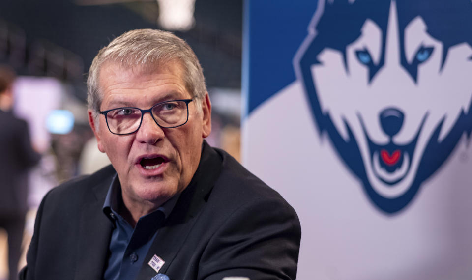 Connecticut coach Geno Auriemma answers a question during the Big East NCAA college basketball media day, Tuesday, Oct. 24, 2023, at Madison Square Garden in New York. (AP Photo/Craig Ruttle)