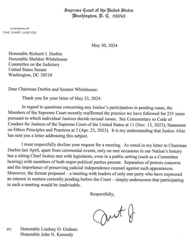 In his letter, Chief Justice John Roberts tells senators it 