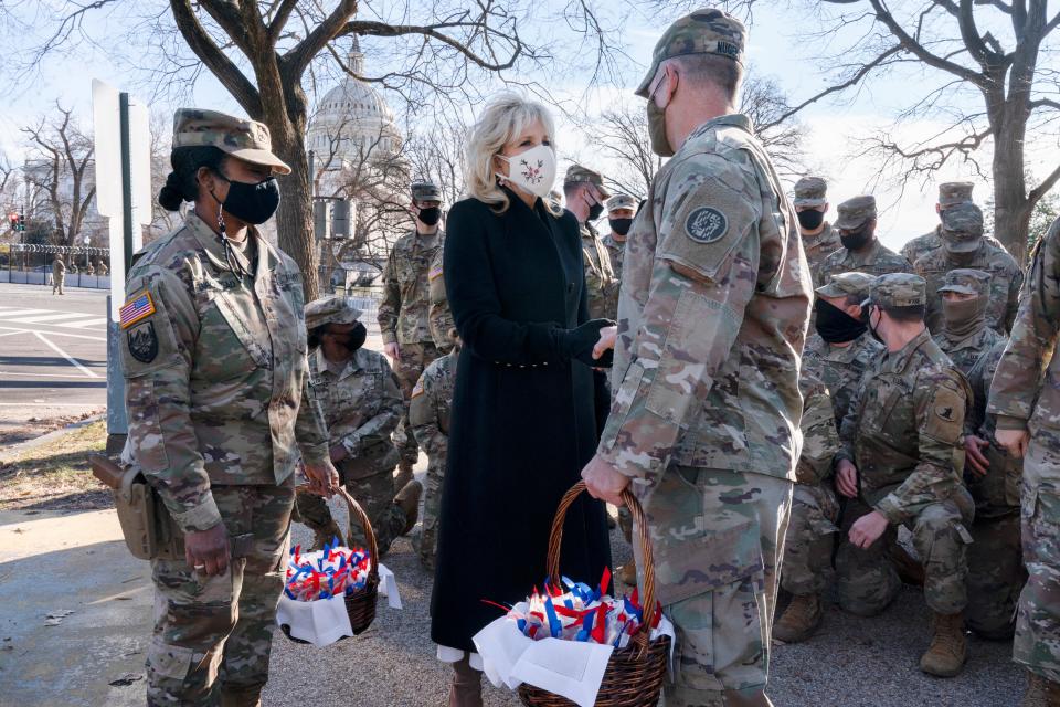 First lady Jill Biden brought baskets of chocolate chip cookies to members of the National Guard guarding the U.S. Capitol on Jan. 22, 2021,