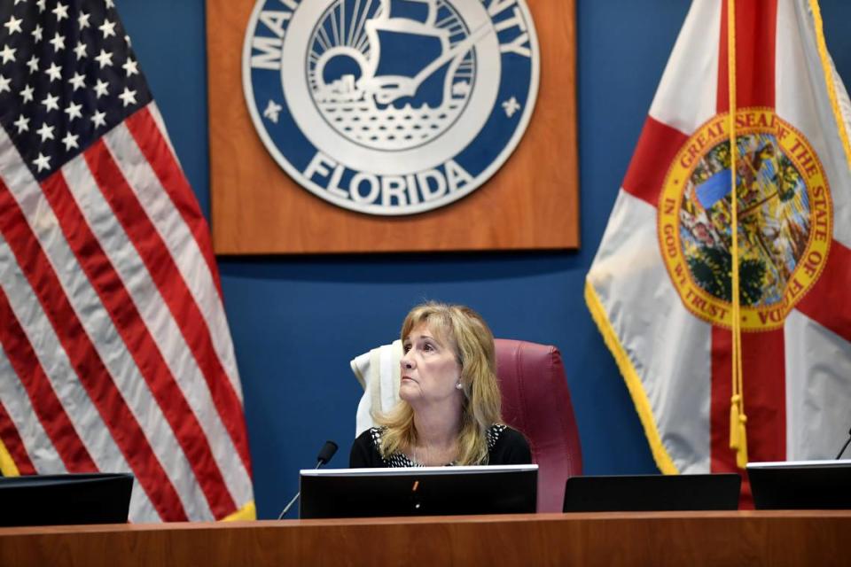 04/06/21--The Florida Commission on Ethics approved Manatee Commissioner Vanessa Baugh’s $8,000 fine and admission of guilt, but some wanted stronger penalties for her role in a controversial COVID-19 vaccine event. In this Bradenton Herald file photo, Baugh watches a presentation during a meeting on April 6, 2021.