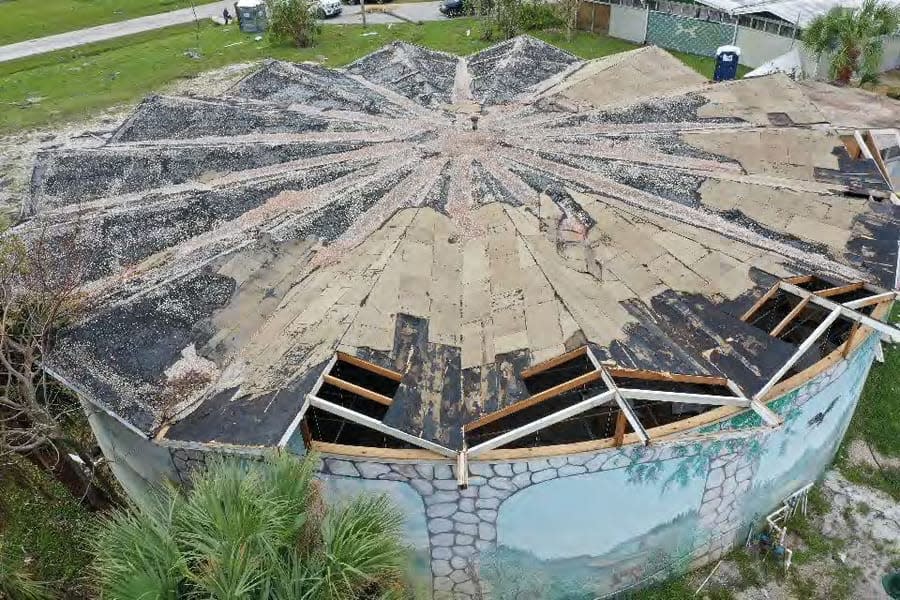 This aerial photo reveals the extensive damage done to North Port's historic Cyclorama by Hurricane Ian in 2022.