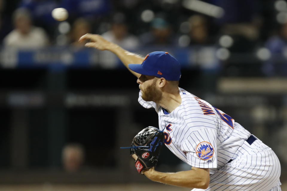 New York Mets starting pitcher Zack Wheeler delivers during the first inning of the team's baseball game against the Miami Marlins, Thursday, Sept. 26, 2019, in New York. (AP Photo/Kathy Willens)