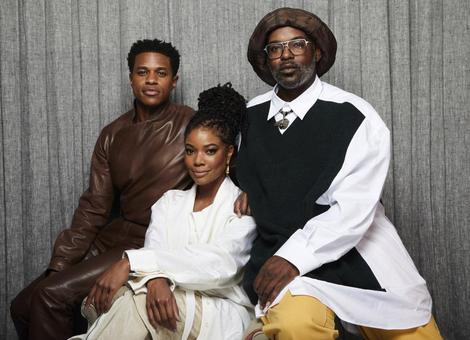 Jeremy Pope, left, Gabrielle Union and Elegance Bratton pose for a portrait to promote "The Inspection" on Friday, Oct. 14, 2022, in New York. (Photo by Matt Licari/Invision/AP)