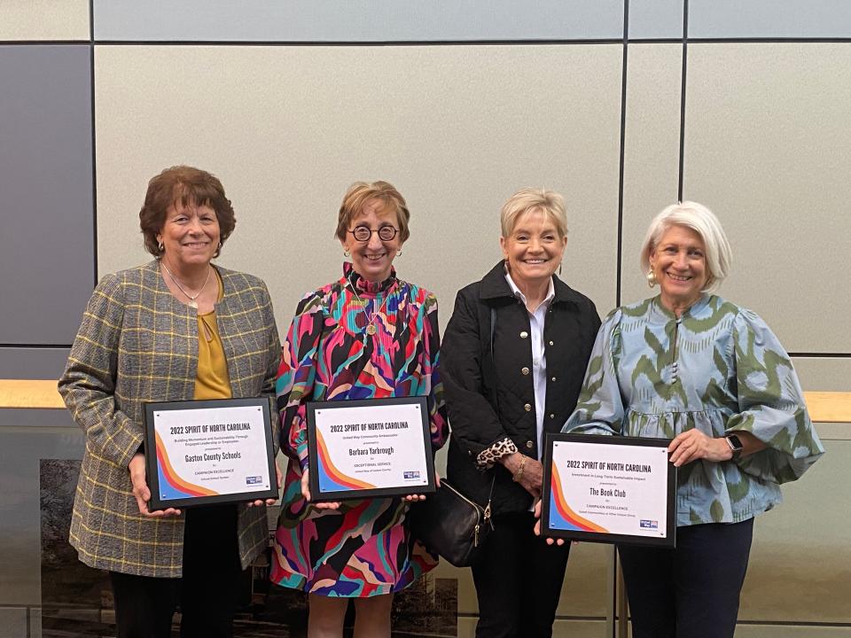 From left to right, Valerie Yatko, Barbara Yarbrough, Barbara Moskowitz and Jane Pearson were recently honored with Spirit of North Carolina awards from Gaston County United Way.