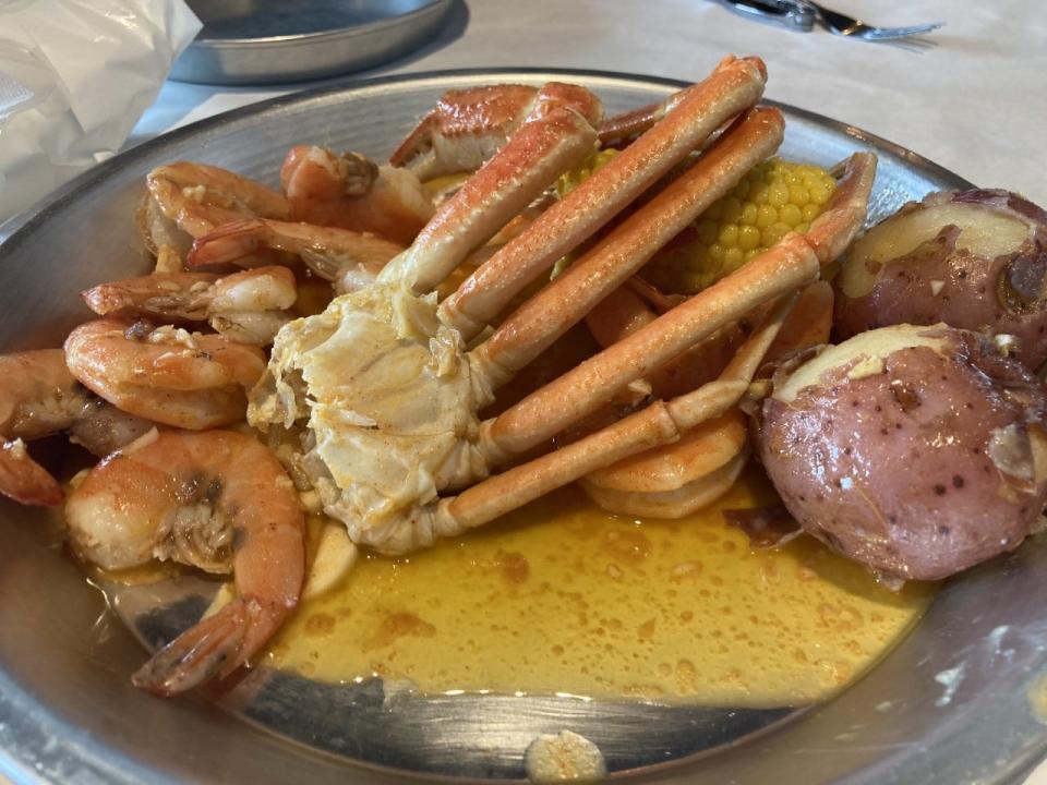 El Chuco, $23, at Crazy Crab, is a boil with 1/2 pound of snow crab legs and half a pound of shrimp with one corn and one potato.