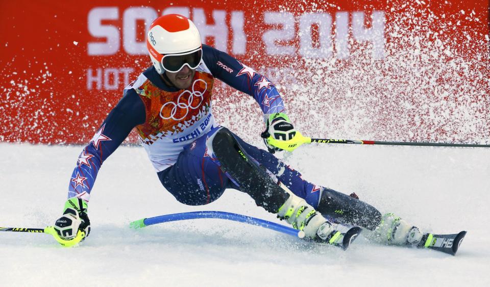 Bode Miller of the U.S. skis during the slalom run of the men's alpine skiing super combined event at the 2014 Sochi Winter Olympics at the Rosa Khutor Alpine Center February 14, 2014. REUTERS/Ruben Sprich (RUSSIA - Tags: SPORT SKIING OLYMPICS)