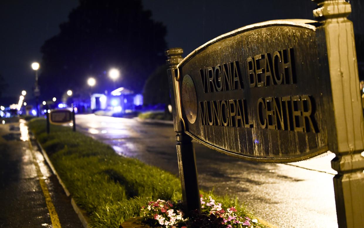 The Virginia Beach municipal center sign is seen in Virginia Beach, Virginia in the late hours of May 31, 2019. (ERIC BARADAT/AFP via Getty Images)