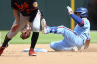 Texas Rangers catcher Jose Trevino (23) slides into second on a double in the fifth inning against the Baltimore Orioles during a baseball game on Sunday, April 18, 2021, in Dallas. (AP Photo/Richard W. Rodriguez)